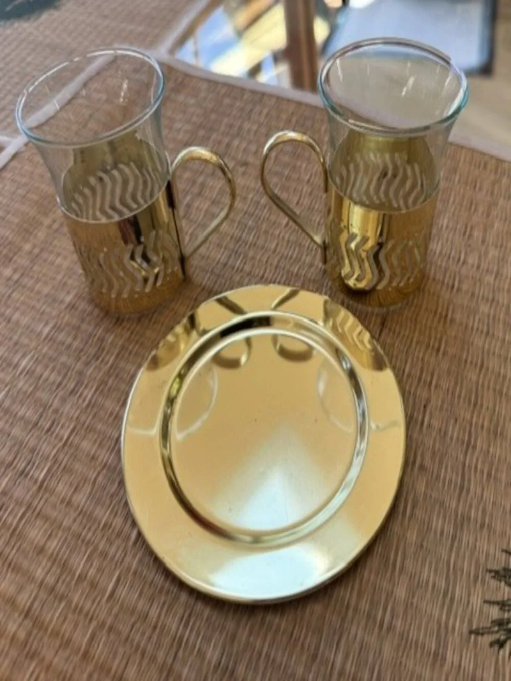 Lot of 2 Vintage Glass Espresso Cup Metal Glasses Gold Coffee with Plate